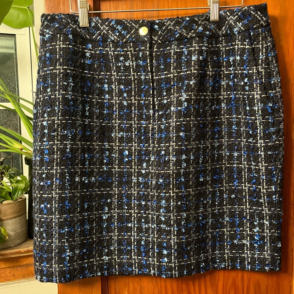 Halston Black and Blue Tweed Lined Mini Skirt with Pockets Size 12
